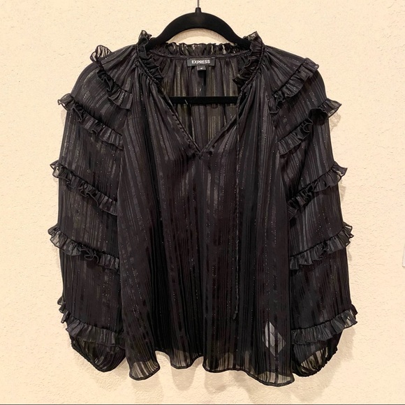 Express Tops - Express Sheer Ruffle Sleeve Glitter Sparkle Top